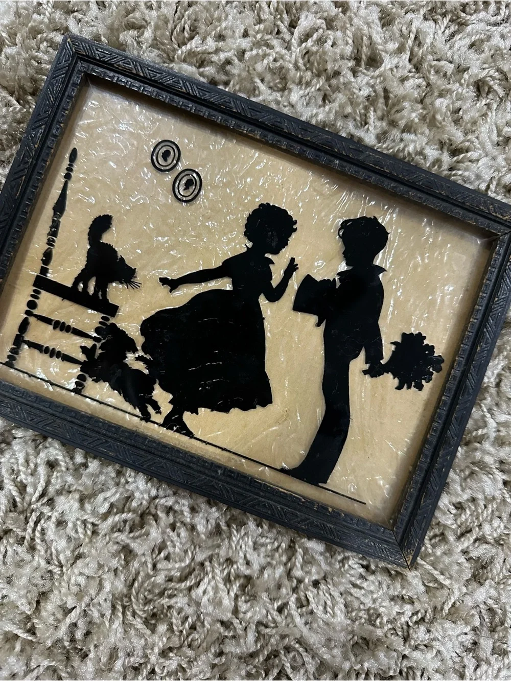 Antique Black Silhouette Romantic Couple Wall Plaque in Cream